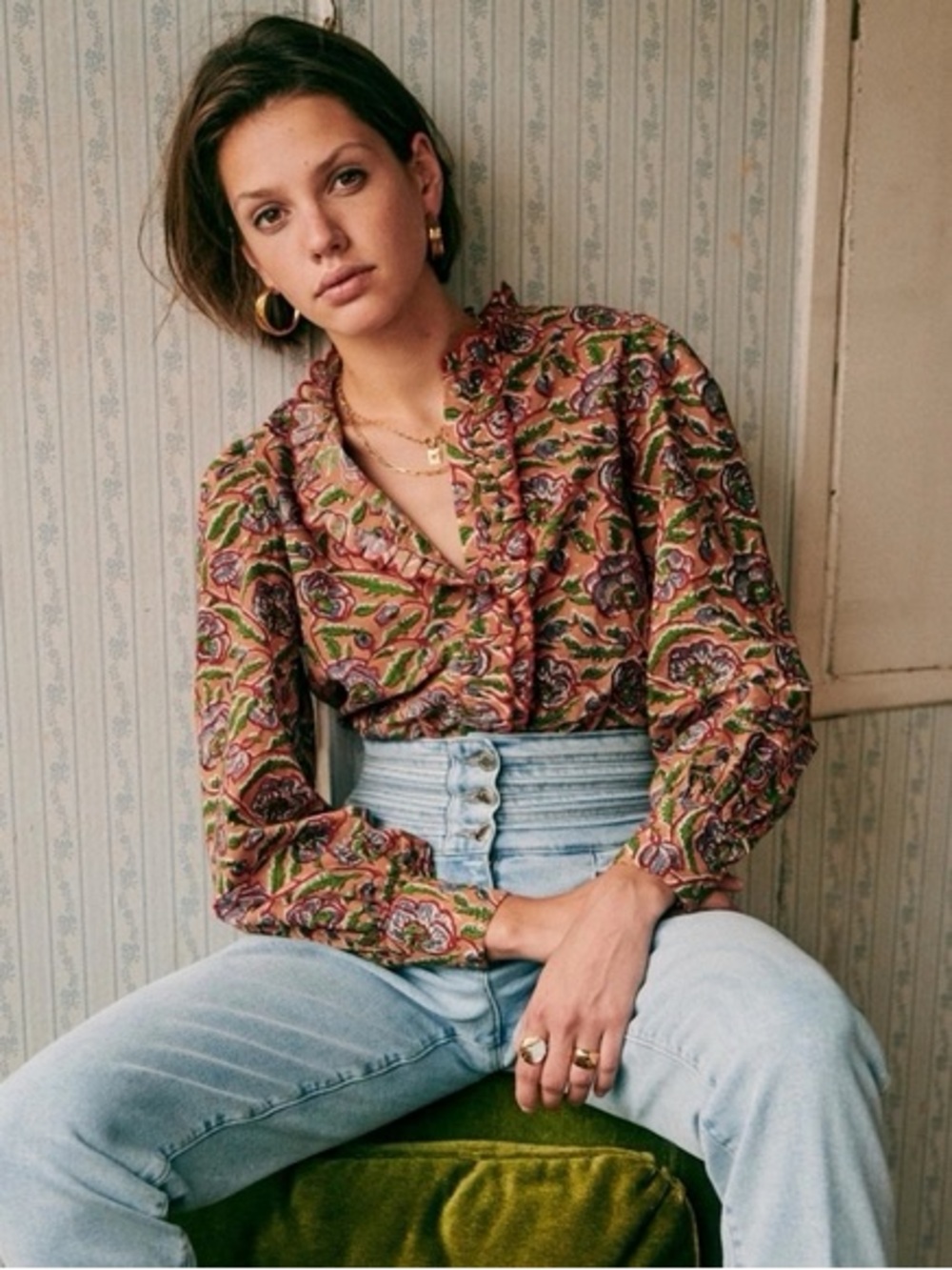 Womens Sezane Ruffle V-Neck Blouse - Pink Multi Eu 34 May Short Flowers